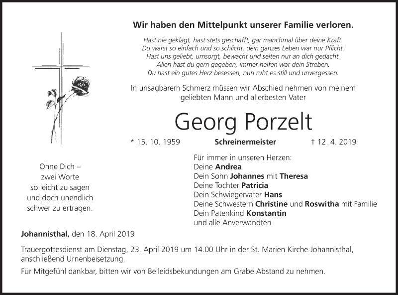  Traueranzeige für Georg Porzelt vom 18.04.2019 aus MGO