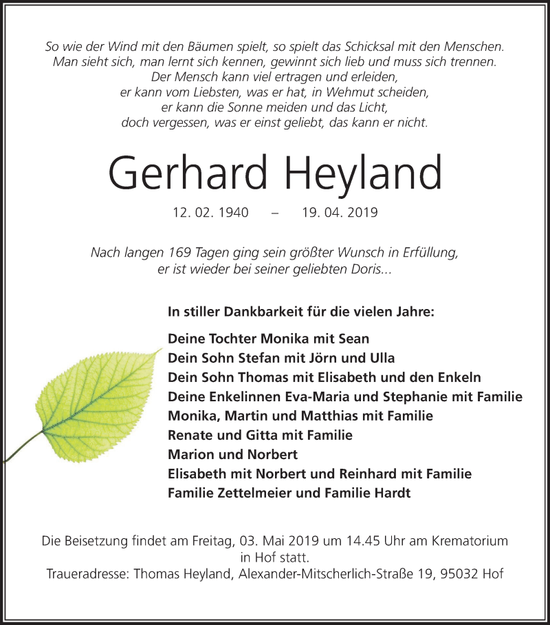  Traueranzeige für Gerhard Heyland vom 25.04.2019 aus MGO