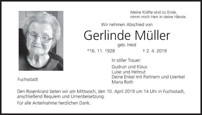 Traueranzeige für Gerlinde Müller vom 06.04.2019 aus MGO