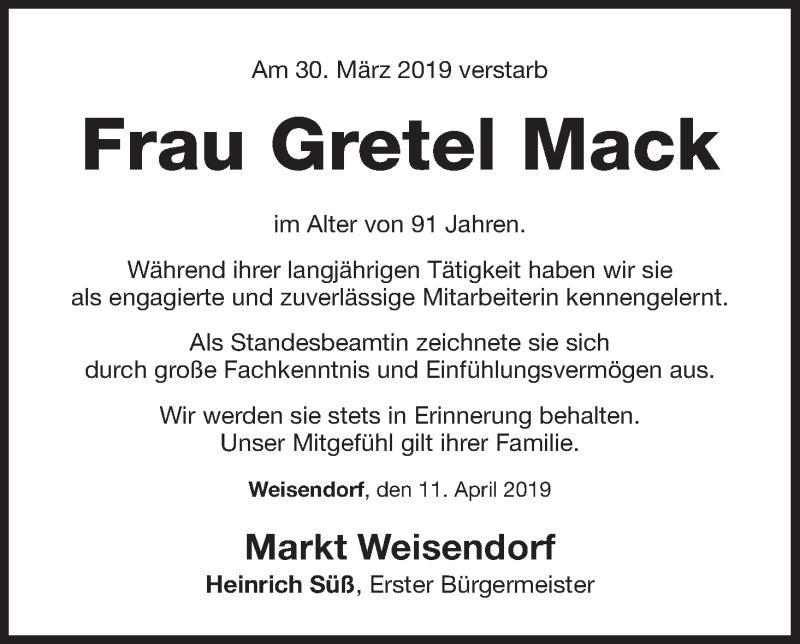  Traueranzeige für Gretel Mack vom 12.04.2019 aus MGO