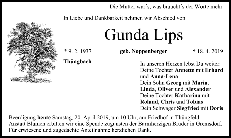  Traueranzeige für Gunda Lips vom 20.04.2019 aus MGO
