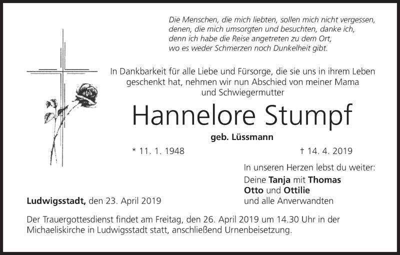  Traueranzeige für Hannelore Stumpf vom 23.04.2019 aus MGO