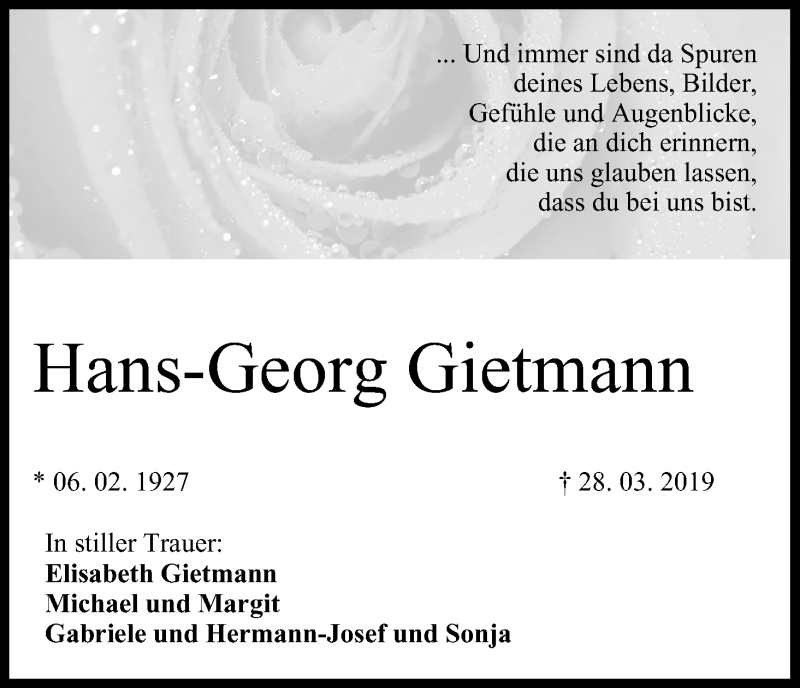  Traueranzeige für Hans-Georg Gietmann vom 06.04.2019 aus MGO