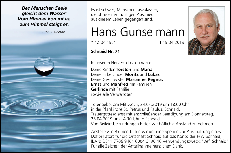  Traueranzeige für Hans Gunselmann vom 23.04.2019 aus MGO