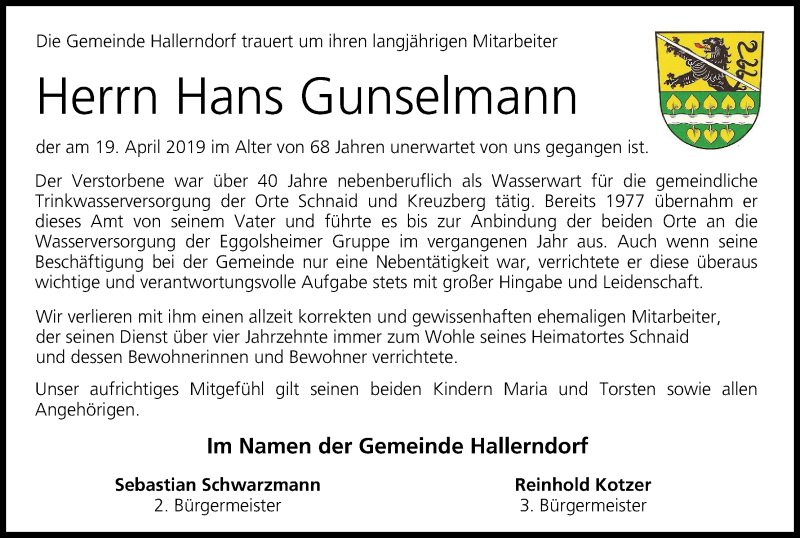  Traueranzeige für Hans Gunselmann vom 23.04.2019 aus MGO
