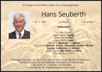 Anzeige von Hans Seuberth von MGO