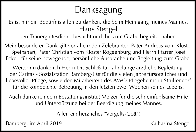  Traueranzeige für Hans Stengel vom 20.04.2019 aus MGO