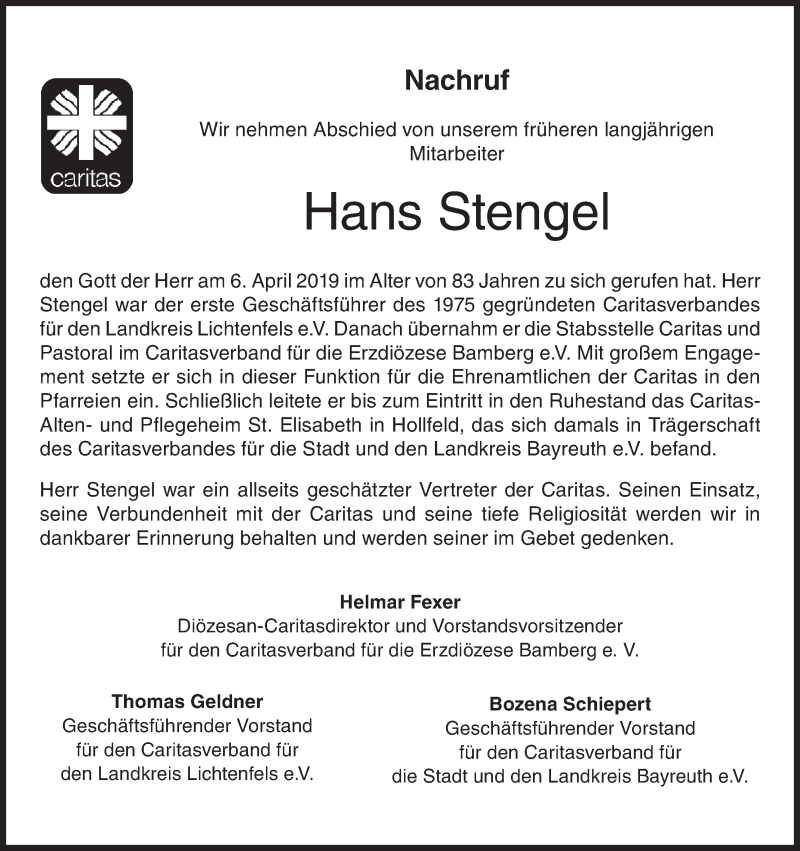  Traueranzeige für Hans Stengel vom 12.04.2019 aus MGO