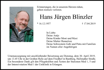 Anzeige von Hans Jürgen Blinzler von MGO