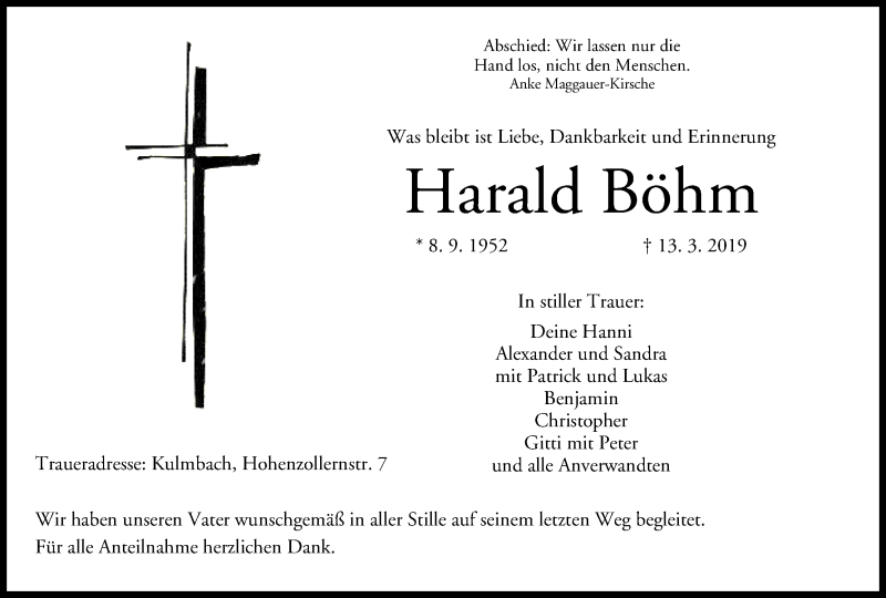  Traueranzeige für Harald Böhm vom 06.04.2019 aus MGO