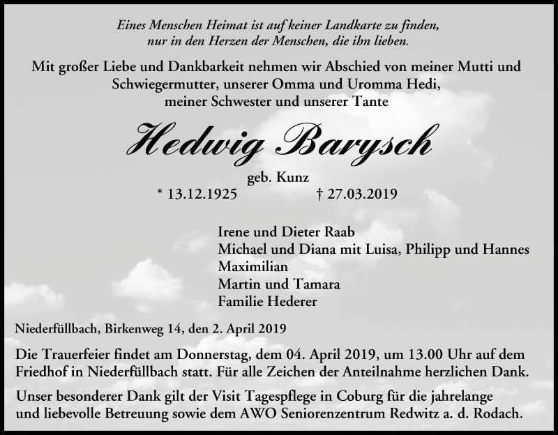 Traueranzeige für Hedwig Barysch vom 02.04.2019 aus MGO