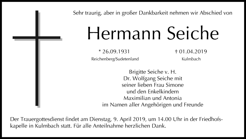  Traueranzeige für Hermann Seiche vom 06.04.2019 aus MGO