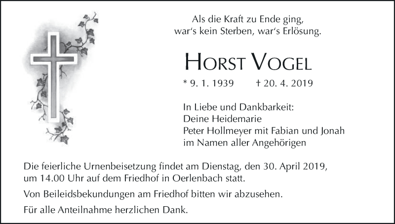  Traueranzeige für Horst Vogel vom 27.04.2019 aus MGO