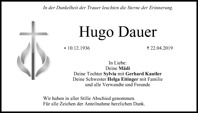  Traueranzeige für Hugo Dauer vom 27.04.2019 aus MGO