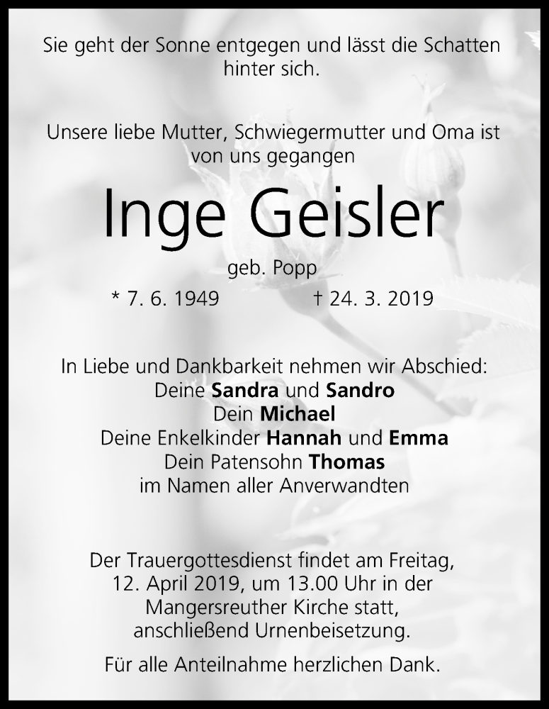  Traueranzeige für Inge Geisler vom 06.04.2019 aus MGO
