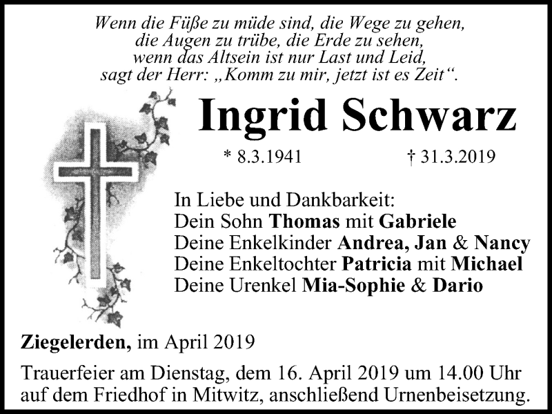  Traueranzeige für Ingrid Schwarz vom 11.04.2019 aus MGO
