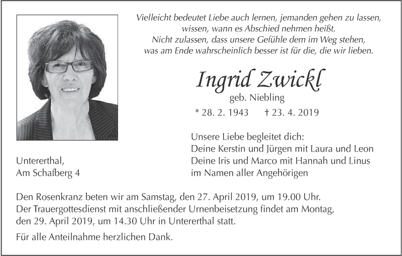  Traueranzeige für Ingrid Zwickl vom 25.04.2019 aus MGO