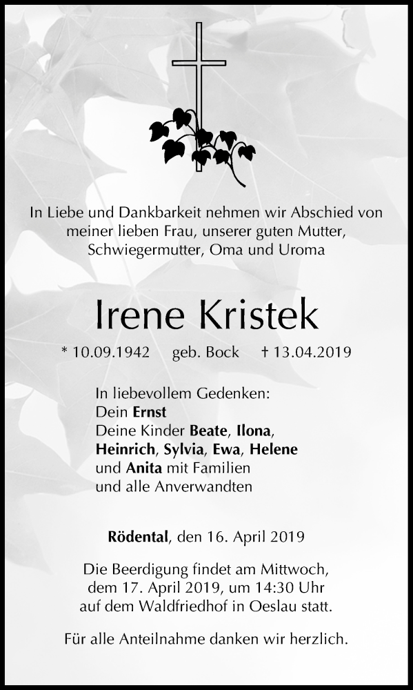  Traueranzeige für Irene Kristek vom 16.04.2019 aus MGO
