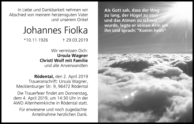  Traueranzeige für Johannes Fiolka vom 02.04.2019 aus MGO