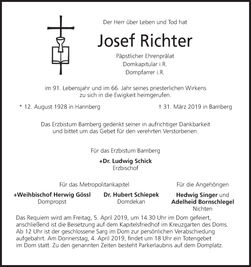  Traueranzeige für Josef Richter vom 02.04.2019 aus MGO