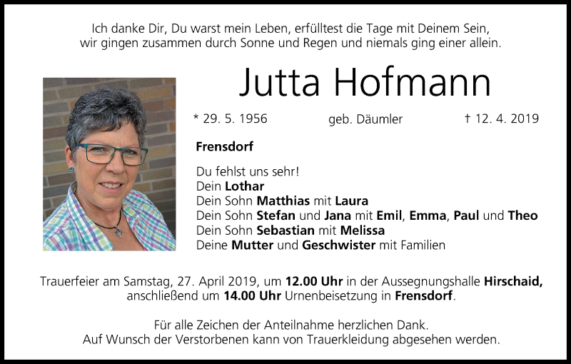  Traueranzeige für Jutta Hofmann vom 20.04.2019 aus MGO