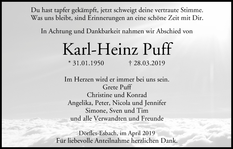  Traueranzeige für Karl-Heinz Puff vom 06.04.2019 aus MGO