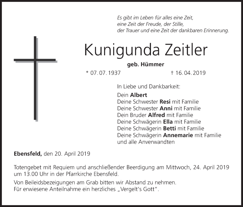  Traueranzeige für Kunigunda Zeltler vom 20.04.2019 aus MGO