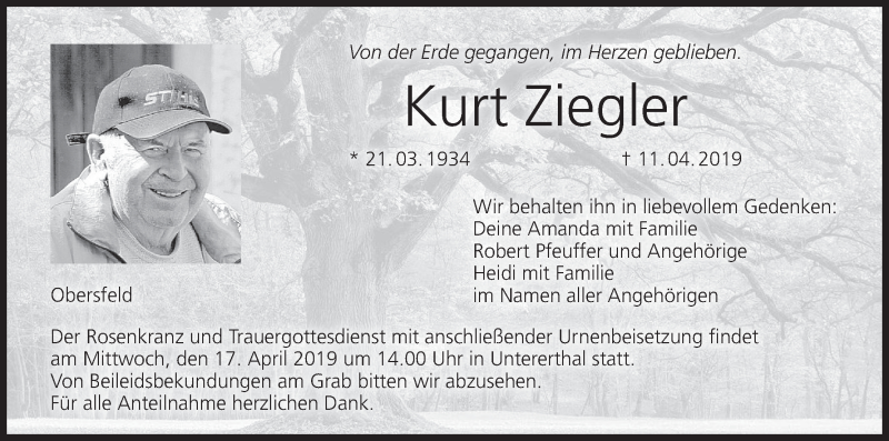  Traueranzeige für Kurt Ziegler vom 13.04.2019 aus MGO