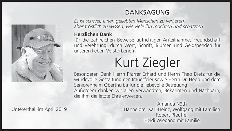  Traueranzeige für Kurt Ziegler vom 27.04.2019 aus MGO