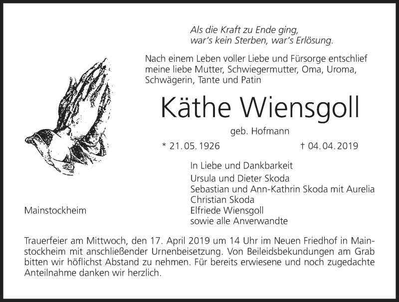  Traueranzeige für Käthe Wiensgoll vom 13.04.2019 aus MGO