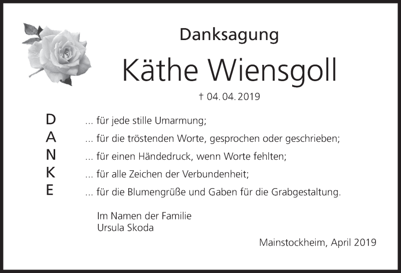  Traueranzeige für Käthe Wiensgoll vom 20.04.2019 aus MGO