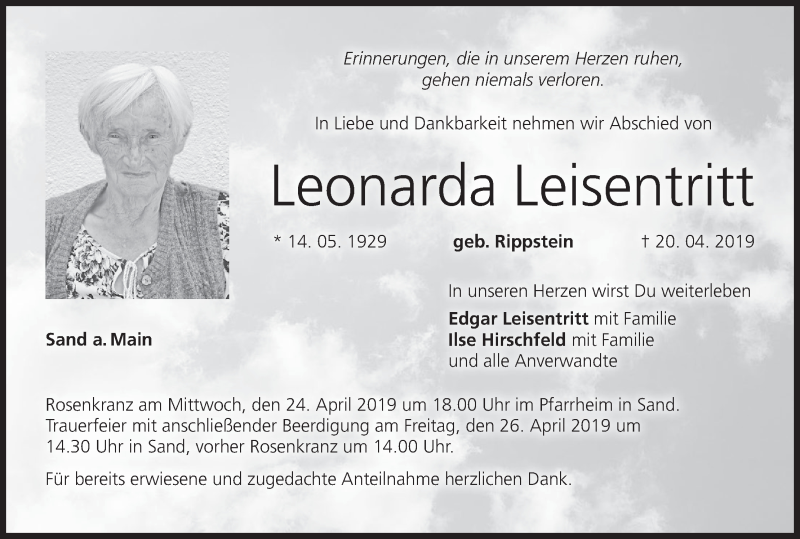  Traueranzeige für Leonarda Leisentritt vom 23.04.2019 aus MGO