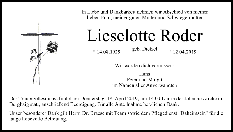  Traueranzeige für Lieselotte Roder vom 16.04.2019 aus MGO