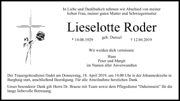 Anzeige von Lieselotte Roder von MGO