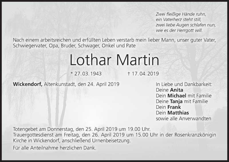  Traueranzeige für Lothar Martin vom 24.04.2019 aus MGO