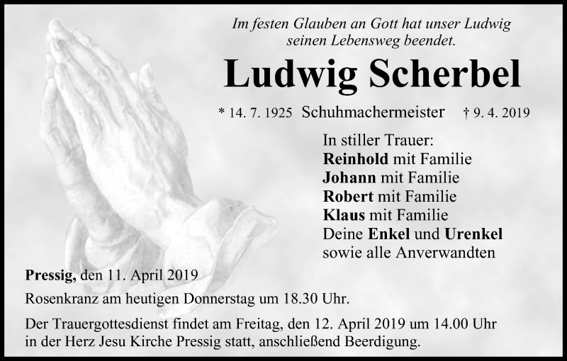  Traueranzeige für Ludwig Scherbel vom 11.04.2019 aus MGO