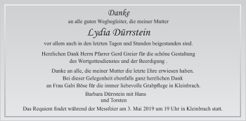 Anzeige von Lydia Dürrstein von MGO