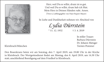 Anzeige von Lydia Dürrstein von MGO