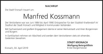 Anzeige von Manfred Kossmann von MGO