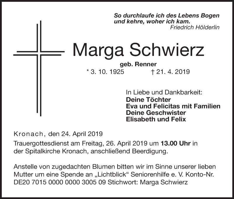  Traueranzeige für Marga Schwierz vom 24.04.2019 aus MGO