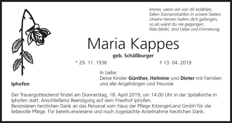  Traueranzeige für Maria Kappes vom 17.04.2019 aus MGO