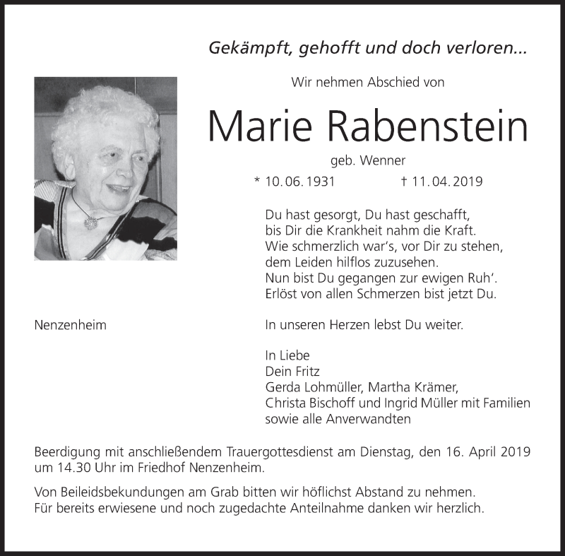  Traueranzeige für Marie Rabenstein vom 13.04.2019 aus MGO