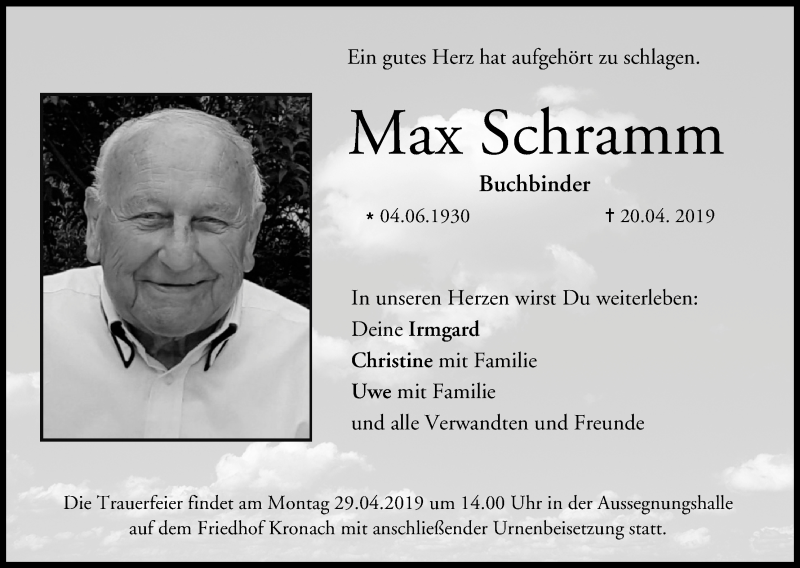  Traueranzeige für Max Schramm vom 26.04.2019 aus MGO