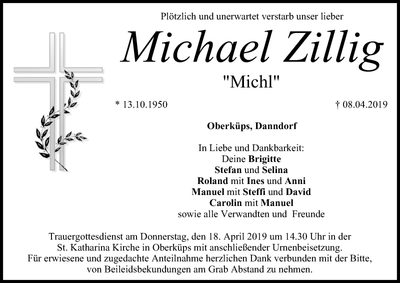  Traueranzeige für Michael Zillig vom 16.04.2019 aus MGO