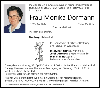 Anzeige von Monika Dormann von MGO