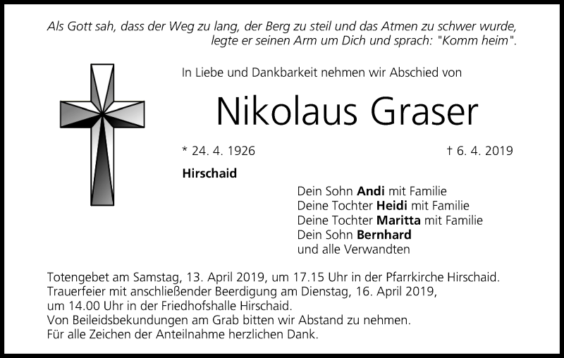  Traueranzeige für Nikolaus Graser vom 12.04.2019 aus MGO