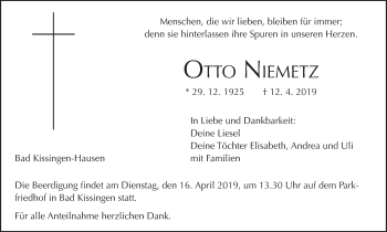 Anzeige von Otto Niemetz von MGO