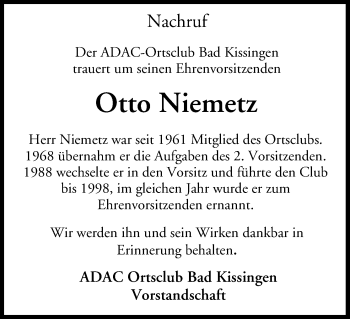 Anzeige von Otto Niemetz von MGO