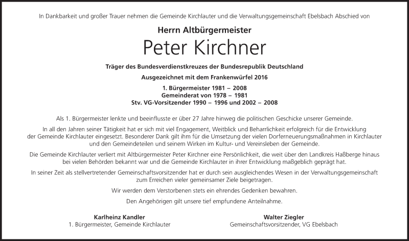  Traueranzeige für Peter Kirchner vom 03.04.2019 aus MGO