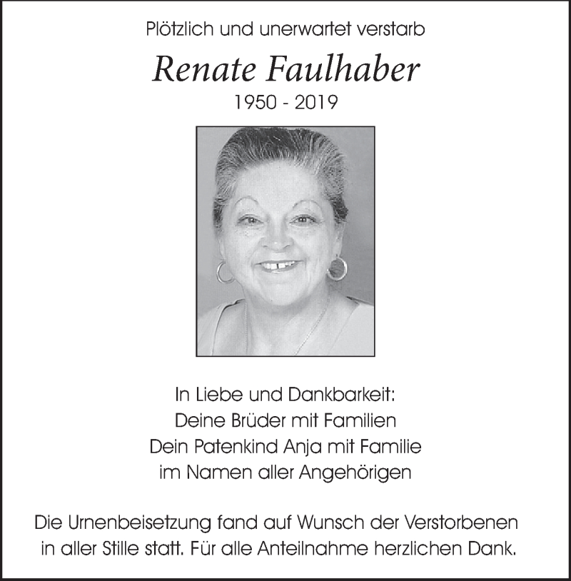  Traueranzeige für Renate Faulhaber vom 13.04.2019 aus MGO
